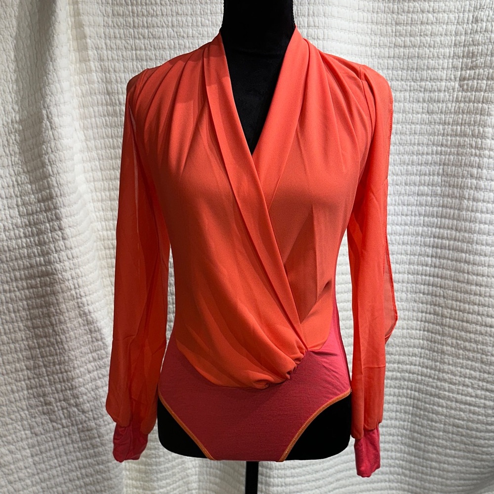 Vibrant Coral Wrap Bodysuit Long Sleeve